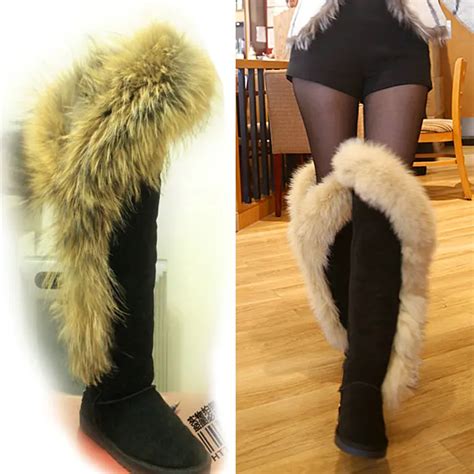 Fashion Style Big Girls Fox Fur Tall Thigh Winter Snow Boots For Women Winter Shoes Real Leather