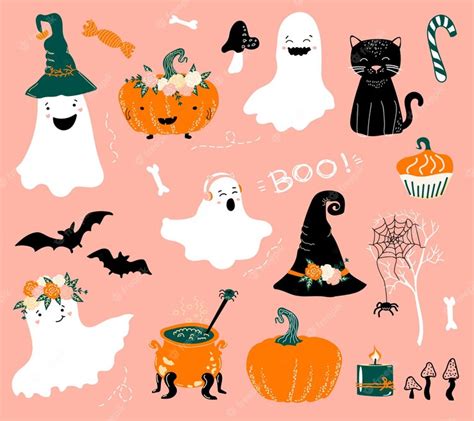 Premium Vector Halloween Set Cute Ghosts Pumpkins Bats Black Cat