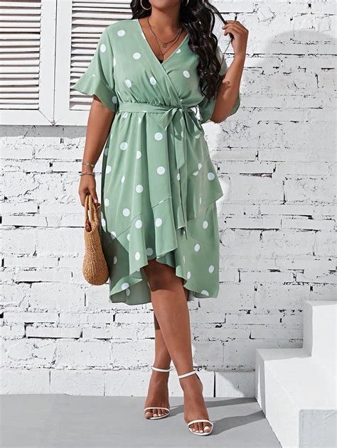 Shein Lune Plus Polka Dot Print Butterfly Sleeve Belted Dress Shein Usa