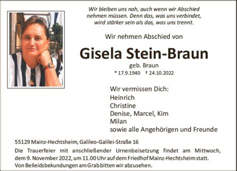 Traueranzeigen Von Gisela Stein Braun Vrm Trauer De