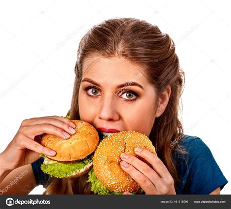 Mujer Comiendo Dos Hamburguesas Chica Mordida De Hamburguesa Muy