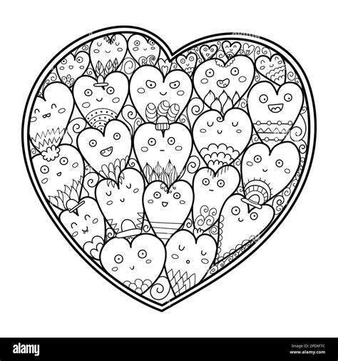 Doodle heart coloring page with cute characters. Black and white kawaii pattern for antistress ...