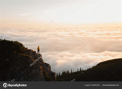 One Person Hiker Standing Mountain Cliff Looking View Clouds Sunrise ...