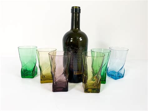 Vintage Set Of 6 Juice Glasses Multi Colored Twist Square Base Design