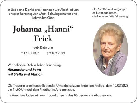 Traueranzeigen Von Johanna Feick Vrm Trauer De