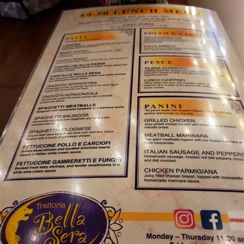 Menu At Trattoria Bella Sera Restaurant El Paso N Yarbrough Dr Suite B