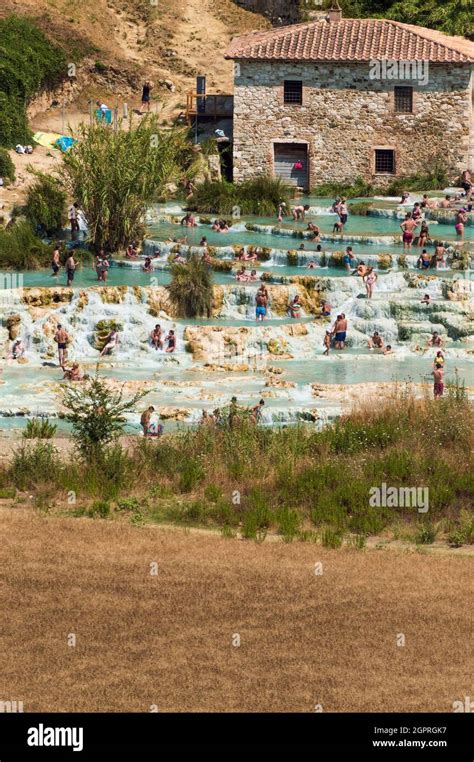 Saturnia Grosseto Italy July 2021 Large Group Of People Bathing In