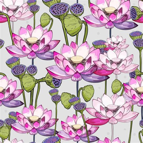 Seamless Vector Floral Lotus Rainbow Hand Drawing Floral And Botanical