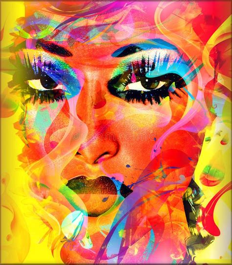 Modern Digital Art Image Of A Woman S Face Close Up With Abstract Background Stock