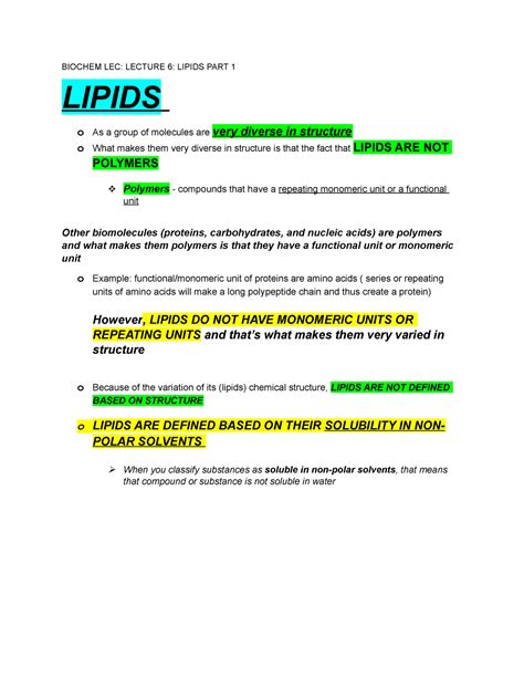 12 Lipids P1 Biochem Lecmid 1st Sem Biochem Lec Lecture 6 Lipids