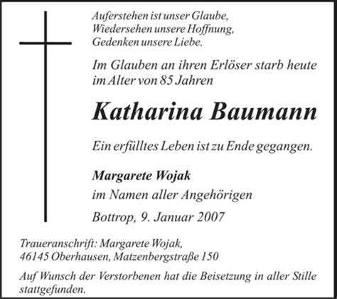 Traueranzeigen Von Katharina Baumann Trauer In NRW De