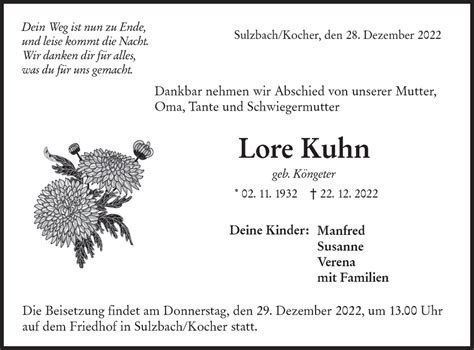 Traueranzeigen Von Lore Kuhn S Dwest Presse Trauer