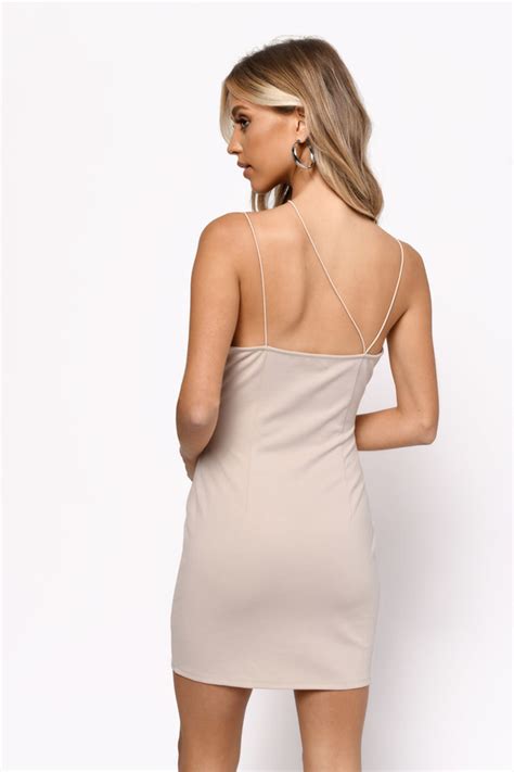 Brown Mini Dress Deep V Neck Bodycon Dress Nude Strap Twist Dress