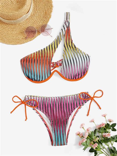 Ba Ador Bikini De Rayas Con Abertura De Un Hombro Yaxa Store