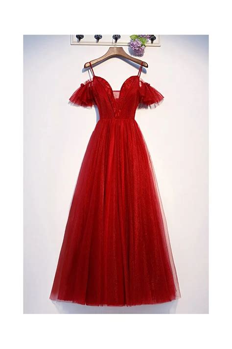 Long Red Aline Flowy Tulle Prom Dress With Vneck Mys