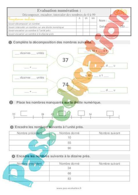 Evaluation avec le corrigé pour le Ce2 sur décomposer encadrer