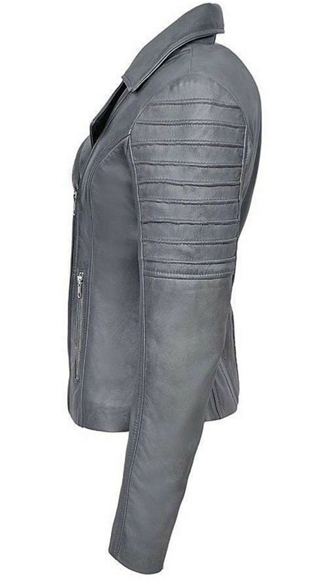 Women Grey Genuine Lambskin Leather Biker Jacket Stylish Etsy