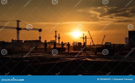 Tower Crane And Building Construction Site Silhouette At Sunrise