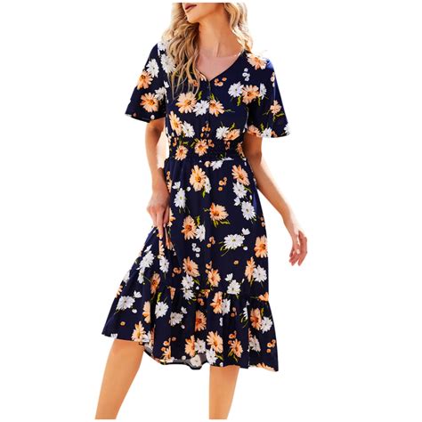 Thhvdrg Summer Dresses For Women Boho Floral Print Short Sleeve V Neck Midi Long Dress Flowy