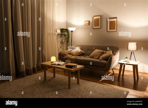 Stylish Interior Of Living Room At Night Stock Photo Alamy