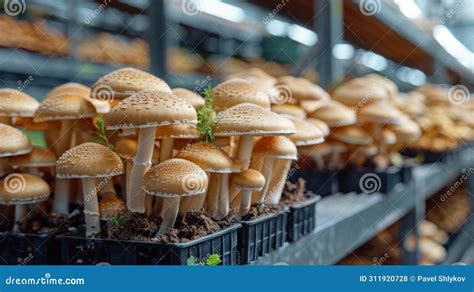 Mushroom Farm With Fresh Mushroom Growing On Mushroom Spawn Stock Photo