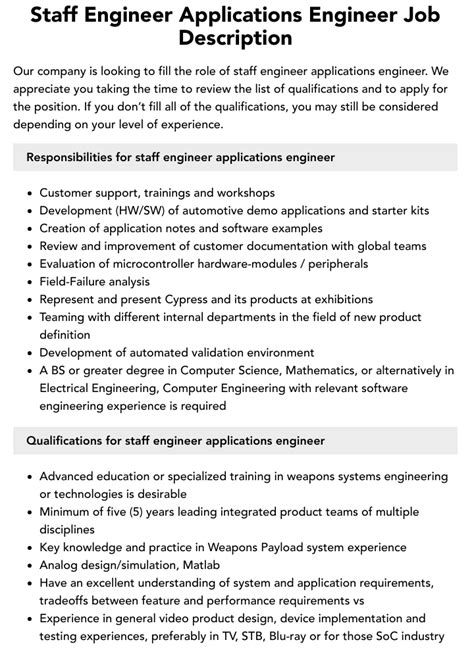 Staff Engineer Applications Engineer Job Description Velvet Jobs