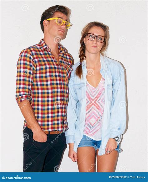 Crazy Nerd Couple At Party Glasses And Funny Face With Gen Z Fashion