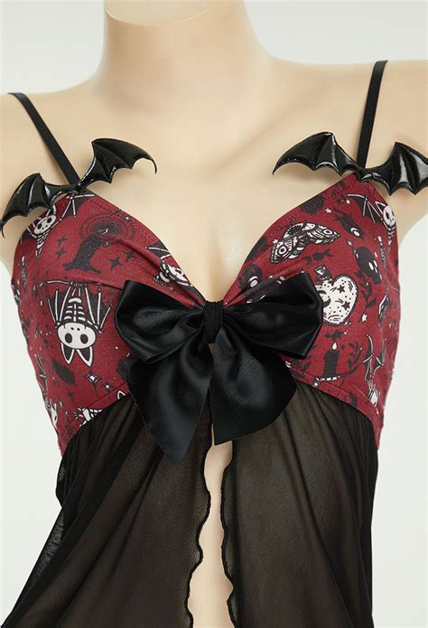 Women Gothic Halloween Sleepwear Skull Pattern With Bowknot Sexy Lingerie Underwear Mesh Top