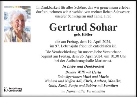 Traueranzeigen Von Gertrud Sohar Trauer Kleinezeitung At