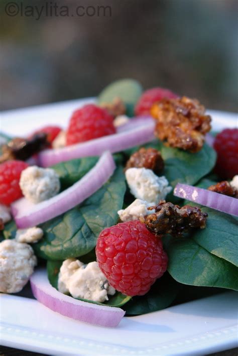 Spinach raspberry salad recipe with gorgonzola and honey roasted walnuts