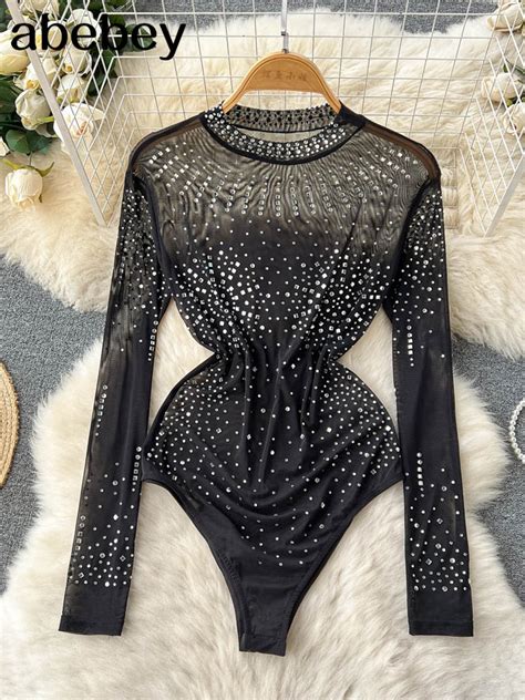 See Through Mesh Bodysuit For Women Sexy Nude Mock O Neck Long Sleeve