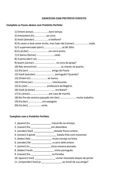 Exercc 3adcios pretc 3a9rito perfeito EXERCÍCIOS PRETÉRITO