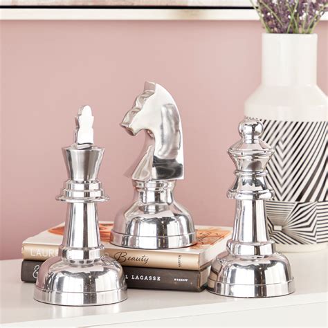 CosmoLiving Large Metallic Silver Decorative Chess Piece Sculptures ...