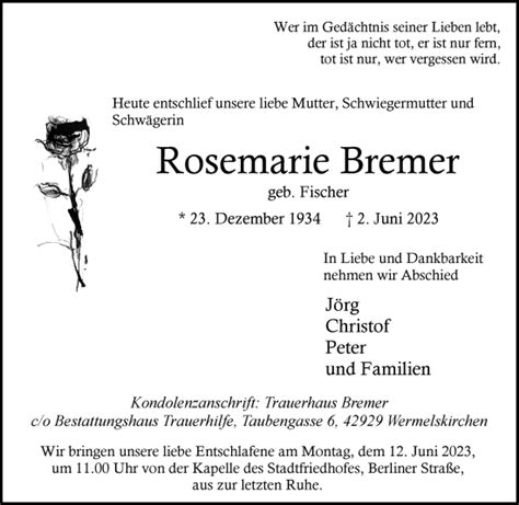 Alle Traueranzeigen F R Rosemarie Bremer Trauer Rp Online De