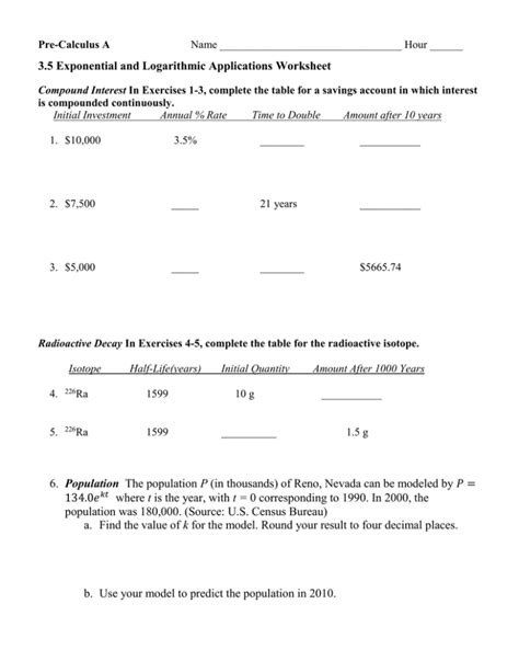 3.5 Exponential and Logarithmic Applications Worksheet