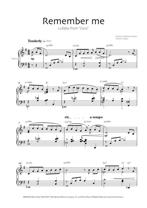 Remember Me Lullaby By Robert Lopez Piano Solo Digital Sheet