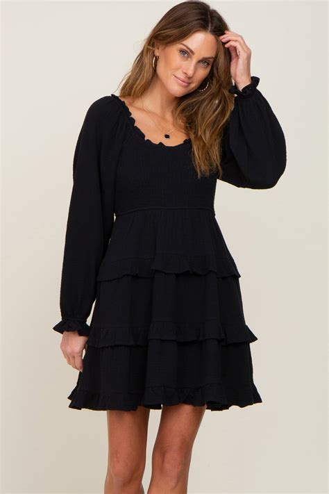 Black Smocked Ruffle Tiered Long Sleeve Dress Pinkblush