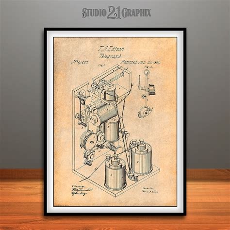 Edison Telegraph Patent Print 1869 Vintage Telegraph Patent Poster