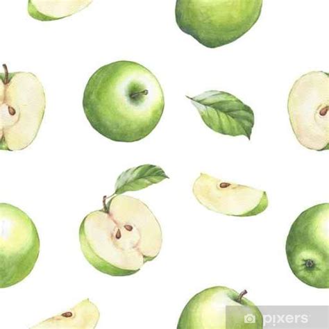 Wall Mural Hand Drawn Seamless Pattern With Watercolor Green Apples