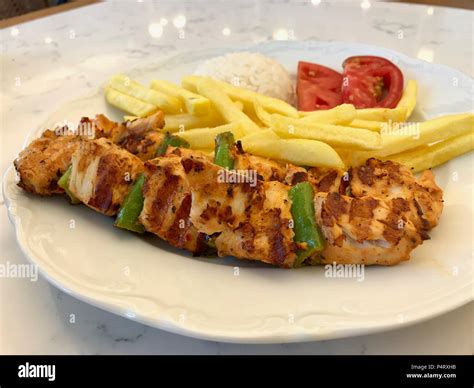 Turkish Chicken Shish Kebab With Rice Pilav Or Pilaf Potatoes And