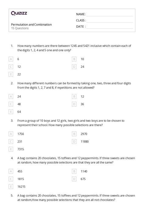 Permutation And Combination Worksheets For Th Year On Quizizz