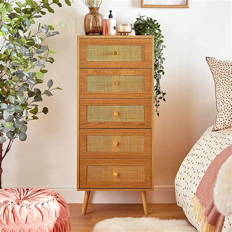 Btfy Rattan Chest Of Drawers Tall Dresser W Wood Veneer Wicker Bedroom Drawers Narrow