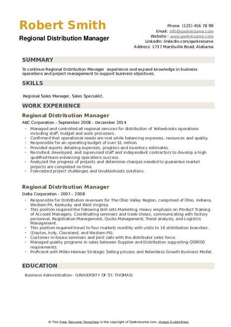 Regional Distribution Manager Resume Samples Qwikresume