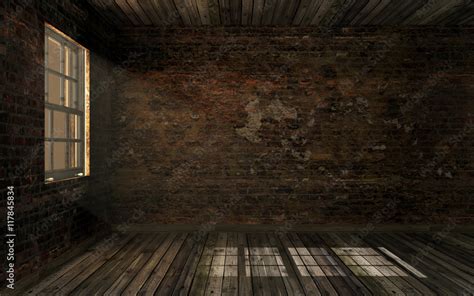 Empty Dark Old Abandoned Room With Old Cracked Brick Wall And Old