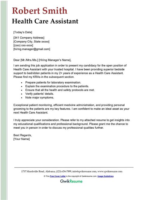 Health Care Assistant Cover Letter Examples Qwikresume