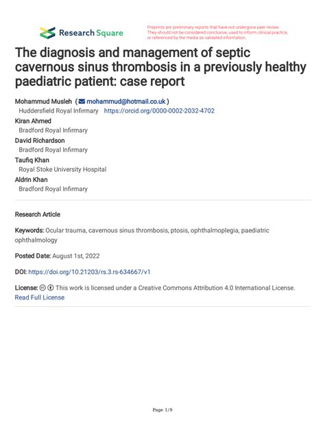 Pdf The Diagnosis And Management Of Septic Cavernous Sinus Thrombosis In A Previously Healthy