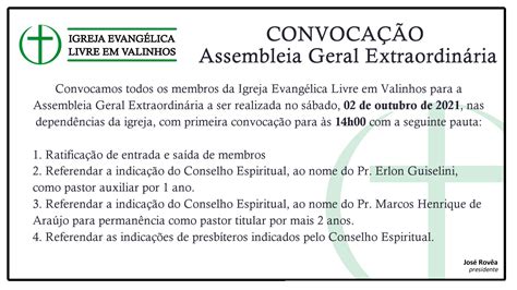 Assembleia Geral Extraordin Ria Igreja Evang Lica Livre