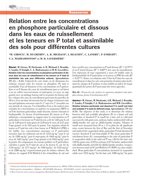 PDF Relation Entre Les Concentrations En Phosphore Particulaire Et