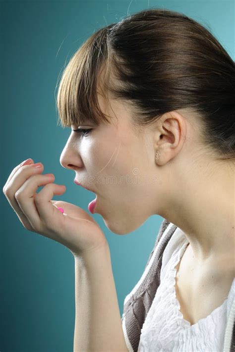 Woman With Headache Hand Take Pill Medicine Tablet Stock Image Image