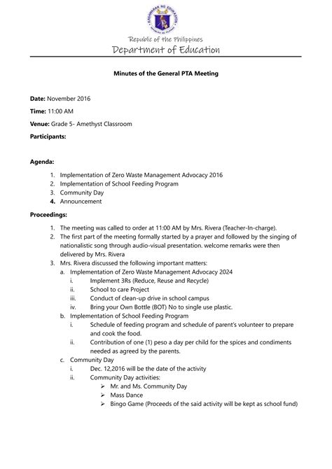 Minutes Of The Pta Meetingdocx